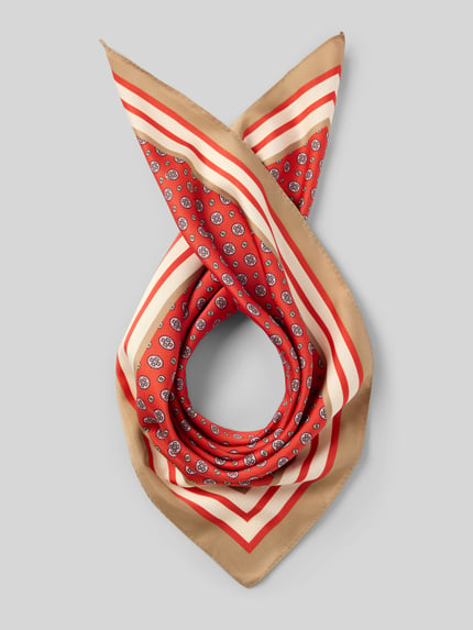 Productfoto, Tuch mit Kontraststreifen van Milano Italy, driehoekige pasvorm, omzoomd, labeldetail, Breedte maat 1: 49 cm