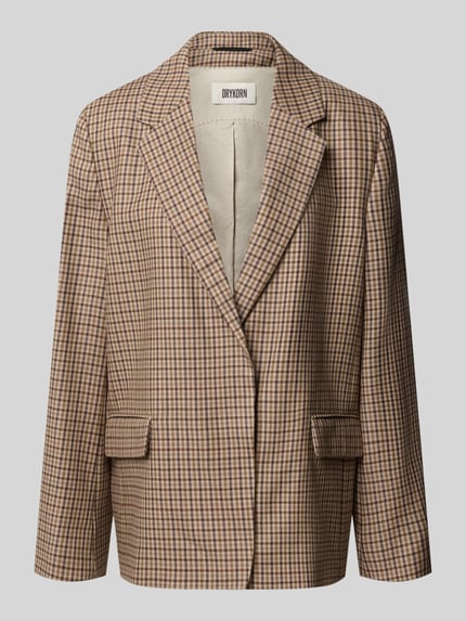 Produktfoto, Relaxed Fit Blazer aus reiner Schurwolle Modell 'SHENTON' von DRYKORN im Karo-Muster, beige-braune Farbtöne, Reverskragen, Pattentaschen, strukturierte Woll-Oberfläche