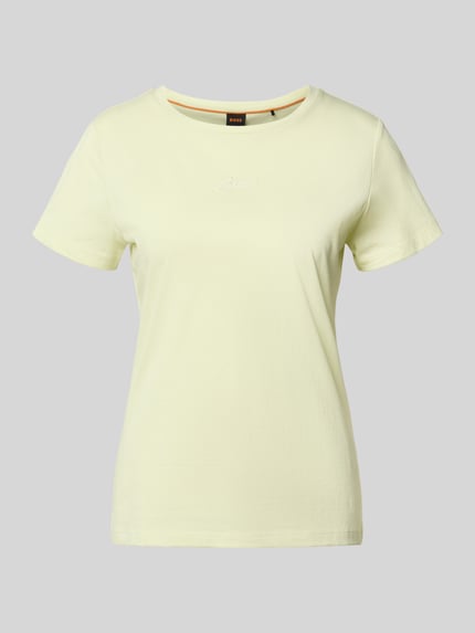 Productfoto, Slim Fit T-shirt uit puur katoen model 'ELOVE_EMBRO' van BOSS Orange met look: effen, labelstitching applicatie, ronde hals, korte mouw