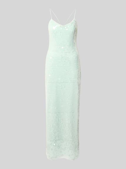 Produktfoto, Maxikleid mit Pailletten und Wasserfall-Ausschnitt von Jake*s Cocktail, figurbetonter Schnitt, zartes Mint, schimmernde Textur