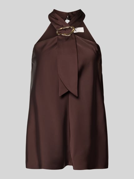 Produktfoto, Regular Fit Top mit Zierbesatz von V by Vera Mont in Braun aus Satin mit Stehkragen und Rückenausschnitt auf einfarbigem Hintergrund