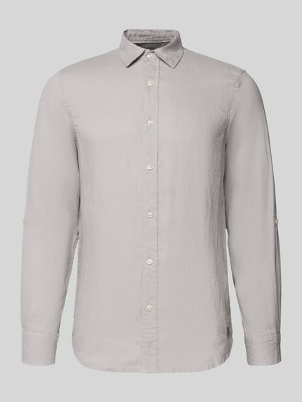 Produktfoto, Slim Fit Leinenhemd mit Kentkragen von Scotch & Soda, Reine Leinen, Langärmelig, Knopfleiste, hellgraue Farbe, glatte Textur