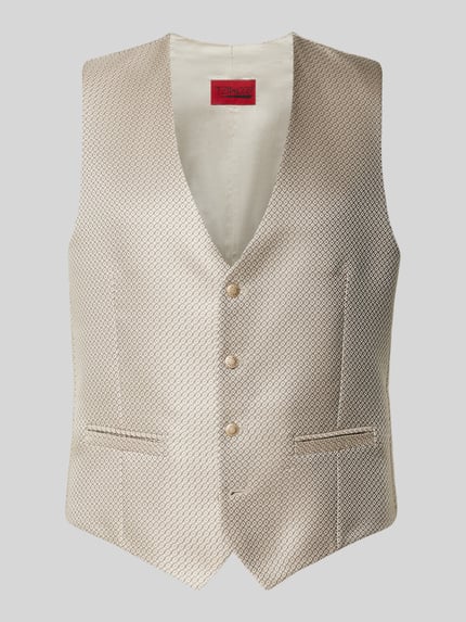 Produktfoto, Weste mit Paspeltaschen und V-Ausschnitt von Wilvorst, beige mit feiner Struktur, gerade geschnitten, Knopfleiste, elegante Optik.