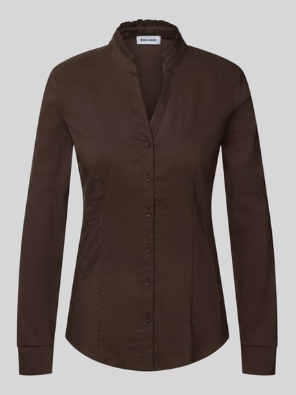 Produktfoto, Bluse aus Baumwoll-Mix von MORE & MORE in Braun, taillierte Passform, Stehkragen mit Rüschen, Knopfleiste, glatte Textur