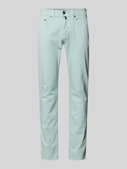 Produktfoto, Jeans mit Label-Detail Modell 'Lyon' von Pierre Cardin, bawełna z domieszką stretchu, krój slim fit, kolor jasnomiętowy, kieszenie ukośne, szerokość w rozmiarze 32/32: 41 cm, długość nogawki od wewnątrz w rozmiarze 32/32: 80 cm