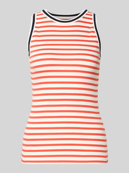 Productfoto, Trägertop in Ripp-Optik mit Rundhalsausschnitt van Marc Cain, katoen-elastaan mix, slim fit, oranje-witte strepen, ribstructuur