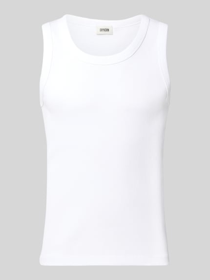 Produktfoto, weißes Tanktop in Ripp-Optik Modell 'Nathan' von Drykorn aus reiner Baumwolle, Slim Fit, Rundhalsausschnitt, Vorderansicht