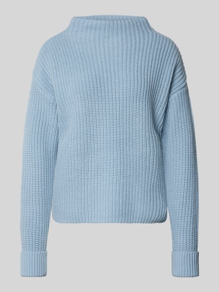 Produktfoto, Regular Fit Turtleneck-Pullover aus katoenmix model 'SELMA' van Selected Femme, look: effen, grof tricot, kleur lichtblauw, gestructureerd, lange mouwen, geribde mouwboord en rompzoom.