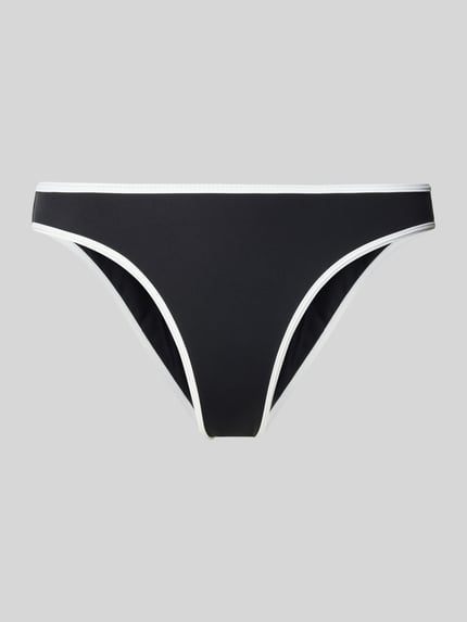 Produktfoto, Bikinihose mit Kontraststreifen Modell 'JOVITA' von Neo Noir aus Material-Mix mit Stretch-Anteil, körpernahe Passform, elastischer Bund, schwarze glatte Oberfläche mit weißen Kanten.