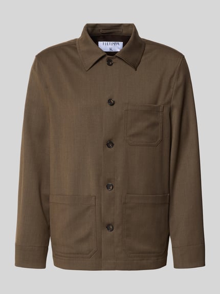 Produktfoto, Regular Fit Hemdjacke mit Woll-Anteil von Filippa K, elastyczna mieszanka materiałów, krój regular fit, na całej długości listwa guzikowa, nakładana brustasza i wpuszczane kieszenie, wykładany kołnierz, długość tyłu w rozmiarze 50: 75 cm, brązowy kolor, gładka tekstura