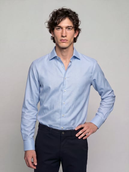 Männermodel trägt Regular Fit Businesshemd mit Kentkragen von OLYMP, hellblau, feines Webstruktur-Muster, Ganzkörperansicht von vorne.