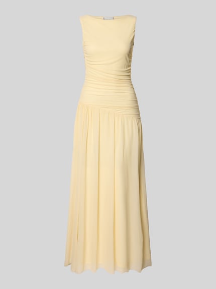 Produktfoto, Abendkleid mit Raffungen Modell 'Cludine' von Neo Noir, hellgelb, Material-Mix mit Stretch-Anteil, Maxikleid, Körpernaher-Schnitt