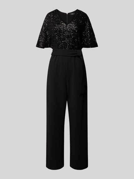 Produktfoto, Taillierter Jumpsuit mit Paillettenbesatz von s.Oliver BLACK LABEL, Optik: Unifarben, Passform: tailliert, V-Ausschnitt, Reißverschluss, Kappärmel, seitliche Eingrifftaschen, Label-Stitching
