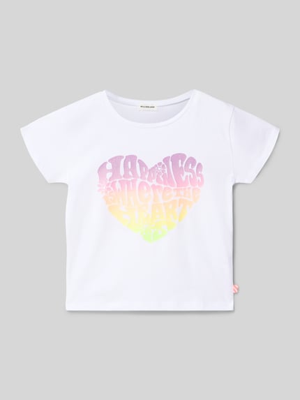 Meisje draagt Regular fit T-shirt met statement-print van Billieblush, katoen, ronde hals, korte mouw, witte stof, vooraanzicht busteshot.