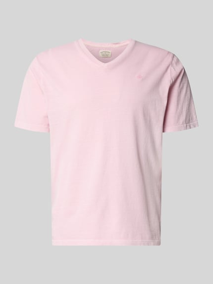 Produktfoto, T-Shirt aus Baumwoll-Leinen-Mix mit V-Ausschnitt von Superdry in zartem Rosa, Regular Fit, sichtbares Stitching, glatte Struktur