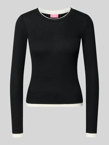 Productfoto, zwart-wit Longsleeve met ronde hals van katoenmix, slim fit, model 'HENNA' van JJXX, dames, lengte 55 cm.