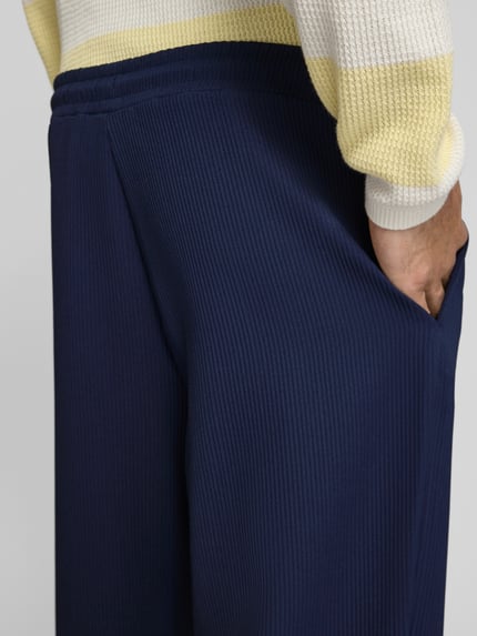 Männermodel trägt Hose mit elastischem Bund in Plissee-Optik von REVIEW, dunkelblau, Material-Mix mit Stretch-Anteil, Nahaufnahme Oberschenkel.