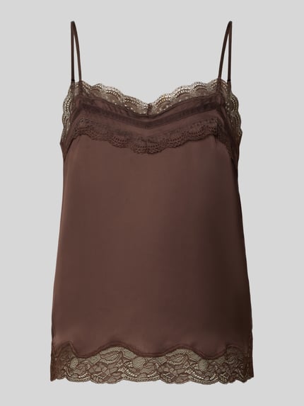 Produktfoto, Regular Fit Blusentop mit Spitzenbesatz von Jake*s Collection, braunes, semitransparentes Satin mit feinen Spitzendetails