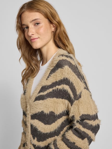 NOISY MAY® Strickjacke mit Kunstfellbesatz Modell 'FLYNN' Mittelbraun Mel 3