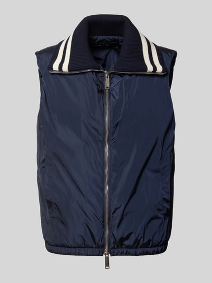 Productfoto, Weste mit Kontraststreifen van Dsquared2 in donkerblauw met witte contraststrepen, recht pasvorm, platte kraag in riblook, tweewegritssluiting, elastische band, Ruglengte maat 50: 65 cm, Schouderbreedte: 45 cm, Borstwijdte: 56 cm