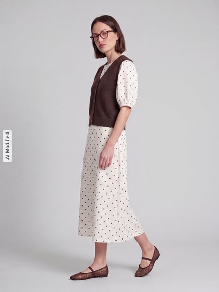 Frauenmodel trägt Regular Fit Weste mit V-Ausschnitt Modell 'SALLY' von Pieces, unifarben, Strick, Ganzkörperansicht von vorne, KI-modifiziertes Bild.