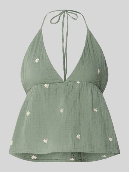 Produktfoto, Crop Top aus reiner Baumwolle Modell 'THYRA RIO' von Only, zielony, jednolity, haftowane wzory, krój regular fit, dekolt w serek, fason cropped, sznurek na szyję, wycięte plecy, miękka bawełniana faktura