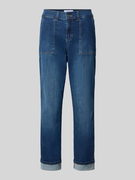 Produktfoto, blaue Jeans in verkürzter Passform mit Umschlag Modell 'Darlene Urban' von Angels, Baumwoll-Mix mit Stretch-Anteil, Eingrifftaschen.