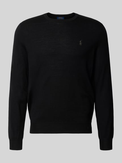 Produktfoto, schwarzer Regular Fit Pullover aus reiner Wolle von Polo Ralph Lauren, schlichte Optik auf neutralgrauem Hintergrund.