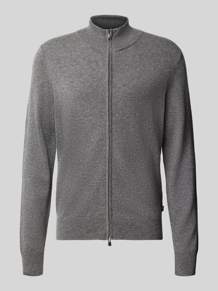 Produktfoto, Strickjacke aus Wolle Kaschmir mit Stehkragen von BOSS, grau, unifarben, Strukturmuster, gerippte Abschlüsse, Zweiwege-Reißverschluss
