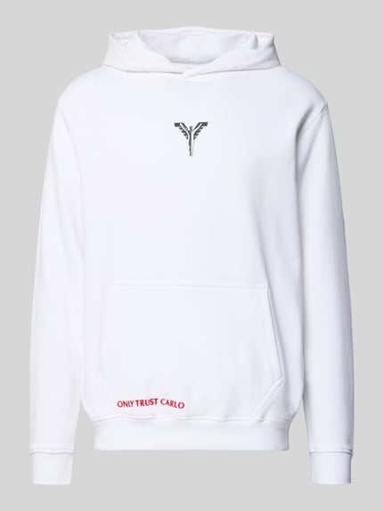 Produktfoto, Hoodie met capuchon van CARLO COLUCCI in wit, katoenmix, losse pasvorm, labelprint, kangoeroezak, geribde boorden, texture zacht.