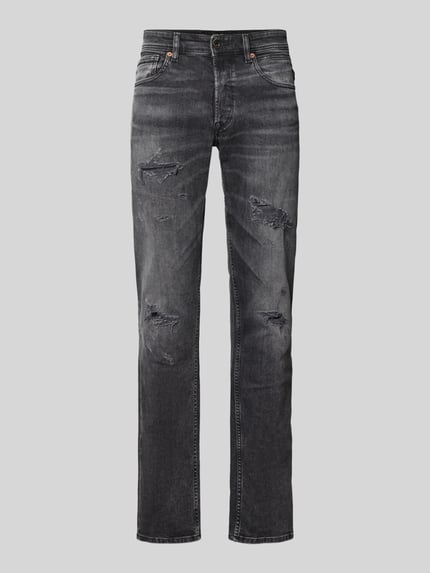 Produktfoto, Straight Fit Jeans im Destroyed-Look Model 'GROVER' van Replay, heren jeans in zwart met grijs, mix van katoen en elastaan, bandwijdte maat 32/32: 45 cm, binnenbeenlengte: 80 cm, destroyed-look textuur