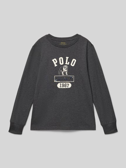 Produktfoto, dunkelgraues Longsleeve mit Label-Print von Polo Ralph Lauren Teens aus reiner Baumwolle, Regular Fit, Rundhalsausschnitt, gerippte Abschlüsse.