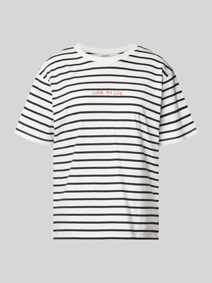 Produktfoto, Relaxed Fit pyjamabovendeel met statement-stitching van Jakes, dames pyjamabovendeel van puur katoen, ronde hals, met korte mouwen, zwart-wit gestreept