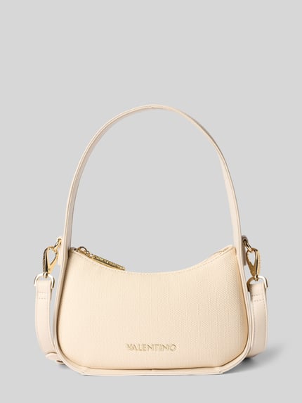 Productfoto, Shoulder Bag mit Logo-Detail Modell 'Atena' van VALENTINO BAGS in beige, gestructureerde stof, goudkleurige rits, afneembare schouderriem, hoofdvak met ritssluiting, 21x15x7 cm, schouderriem 45 cm.