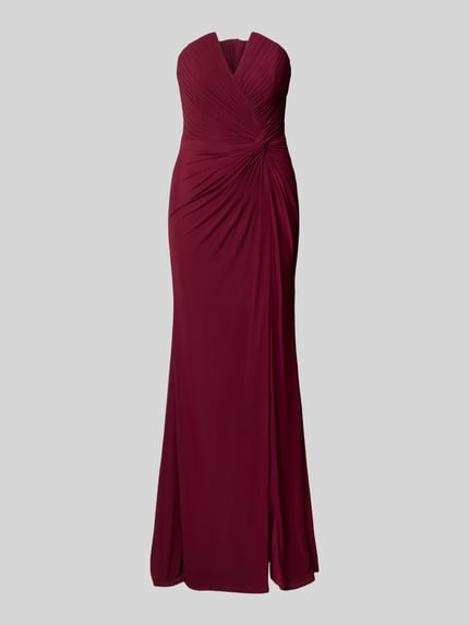 Produktfoto, Off-Shoulder-Kleid mit Knotendetail von Mascara in Dunkelrot, Chiffon, figurbetonter Schnitt, Drapierungen, Maxikleid, ohne Person