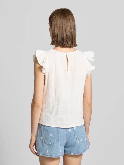 Vrouwenmodel draagt Regular Fit top uit puur katoen model 'SASTINA' van Pieces, look: effen, ronde hals, gevlamd garen, achterkant, volledige lichaamsopname