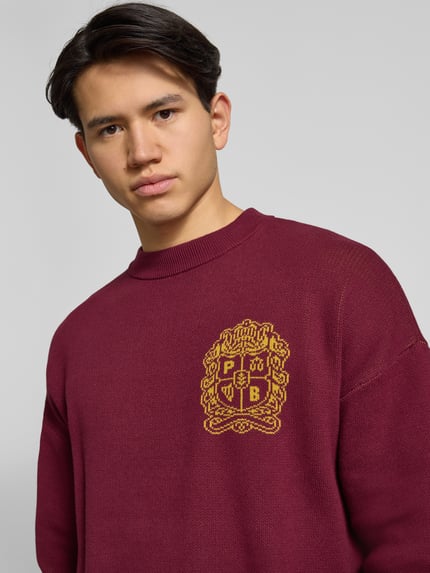 Männermodel trägt Strickpullover mit Emblem und Rundhalsausschnitt von PROHIBITED, bordeauxfarben, reine Baumwolle, Nahaufnahme Oberkörper.