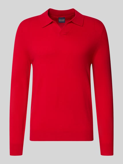 Productfoto, Strickpullover mit Polokragen und V-Ausschnitt van Christian Berg Men in effen rood, regular fit, pure katoen, lange mouwen, zichtbare structuur, herenmode