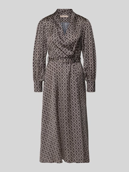 Produktfoto, Hemdblusenkleid im Allover-Look mit Gürtel von Rinascimento in Braun mit grafischem Muster, Satin, taillierter Midi-Schnitt