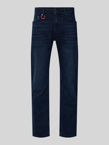 Produktfoto, Modern Fit Jeans met steekzakken Model 'Mitch' van JOOP! Jeans, katoenmix met stretch, labeldetail, heren, donkerblauw.