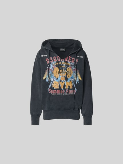 Produktfoto, Oversized Hoodie aus Baumwolle von Dsquared2 in Schwarz mit buntem Print, Used-Look, Kapuze mit Tunnelzug, Känguru-Tasche, Rückenlänge bei Größe M: 70 cm.