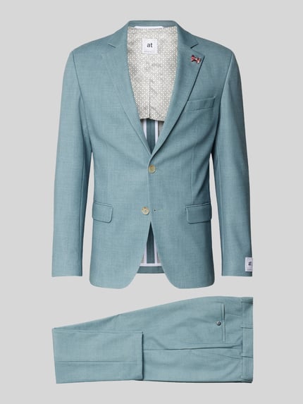 Produktfoto, Slim Fit Anzug mit 2-Knopf-Sakko von Wilvorst in Türkis, Material-Mix mit Baumwoll-Anteil, Reverskragen, Pattentaschen, Anzughose mit Bügelfalten, Bundweite 46 cm, Rückenlänge 72 cm, Schulterbreite 44 cm, Ärmellänge 63 cm, Innenbeinlänge 80 cm.