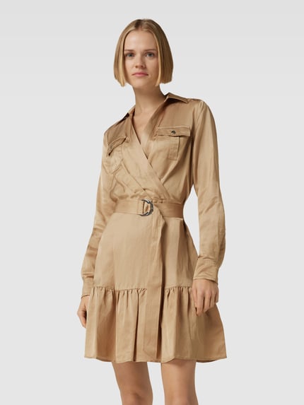 Lauren Ralph Lauren Knielanges Hemdblusenkleid in Wickel-Optik aus Viskose-Leinen-Mix Camel 4