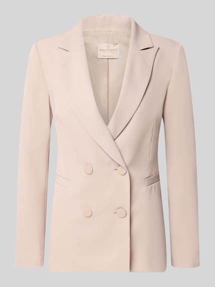 Produktfoto, blazer mit dubbele knoopsluiting van Rinascimento in lichtbeige, getailleerd, Reverskraag, paspelzakken, Ruglengte bij maat S: 64 cm