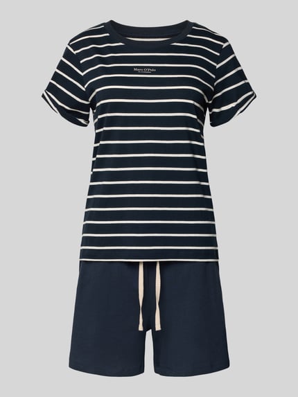 Produktfoto, Regular Fit Pyjama-Set aus reiner Baumwolle von Marc O'Polo in navy mit weißen Streifen, Kurzarm, Rundhals, Jersey, Tunnelzug, seitliche Taschen