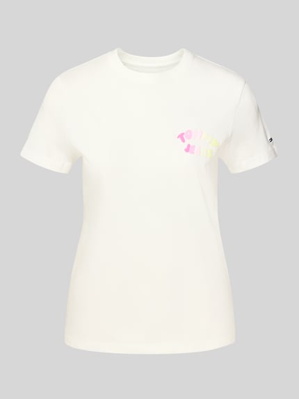 Produktfoto, Regular Fit T-Shirt aus reiner Baumwolle Modell 'BUBBLE' von Tommy Jeans, kolor jednolity, krój regular fit, aplikacja nadruk z logo, dekolt okrągły, krótki rękaw, drobny prążek, czysta bawełna