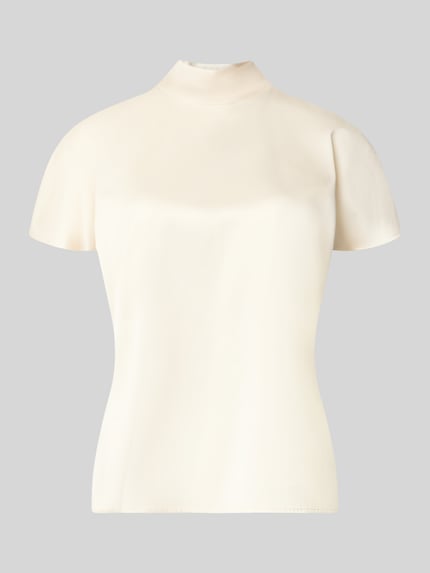 Produktfoto, cremefarbenes T-Shirt aus Viskose-Mix mit Stehkragen, Satin-Oberfläche, lockere Passform, Stefanel, Damen T-Shirt