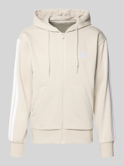 Produktfoto, Regular Fit Sweatjacke mit Viskose-Anteil von adidas Sportswear in Beige mit Logo-Stitching, Kapuze, elastische Abschlüsse, geteilte Känguru-Tasche, Baumwoll-Mix mit Viskose-Anteil, Regular Fit, Rückenlänge 67 cm, Ärmellänge 60 cm