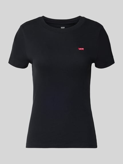 Productfoto, zwart T-shirt met labelpatch van Levi's® model 'Cavia', rechte snit, ronde hals, zuiver katoen, effen textuur