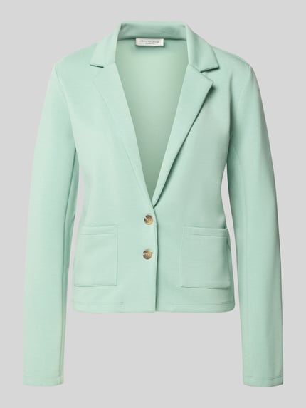 Produktfoto, Sweatblazer mit Taschen und Revers von Christian Berg Woman, miękki jasnozielony materiał, krój regular fit, kieszenie, kołnierz z klapami, zapięcie na guziki, mix materiałów z dodatkiem modalu